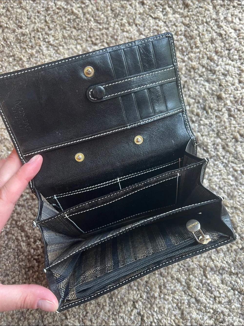 Monsac Black Leather Women's Wallet with White Stitching